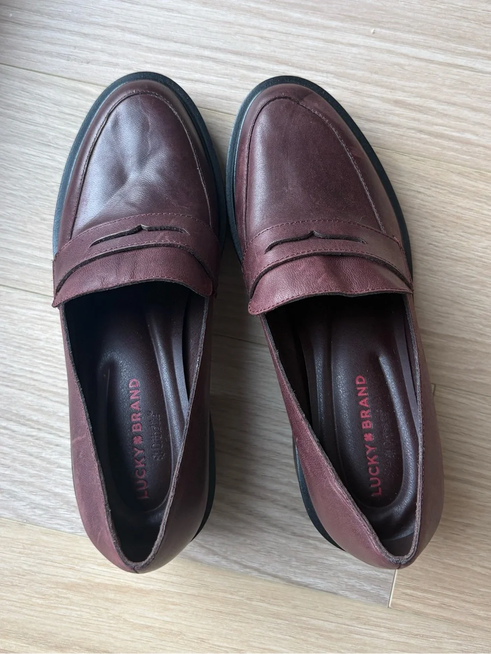 Wine Leather Penny Loafers with Block Heel - Picture 3 of 4